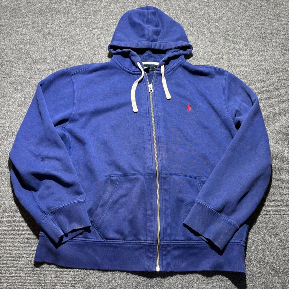 Polo Ralph Lauren Mens XXL Blue Full Zip Thermal Distress Lined Hoodie Faded